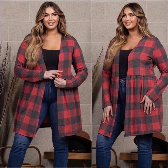 1 LEFT! Plaid Buffalo Print Long Sleeve Babydoll Style Open Front Cardigan - Picture 2 of 3